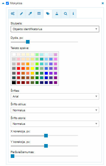 Tekstas (jei aktyvuota) ─ mygtukas duomenų sluoksnio atributinės informacijos (užrašų) pateikimui žemėlapyje